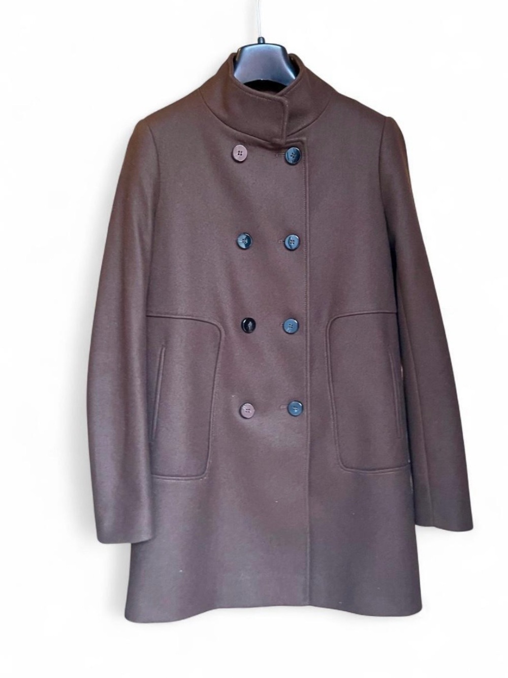 NWOT Zara Chocolate Brown Wool Blend Funnel Neck Fully Lined Peacoat XS